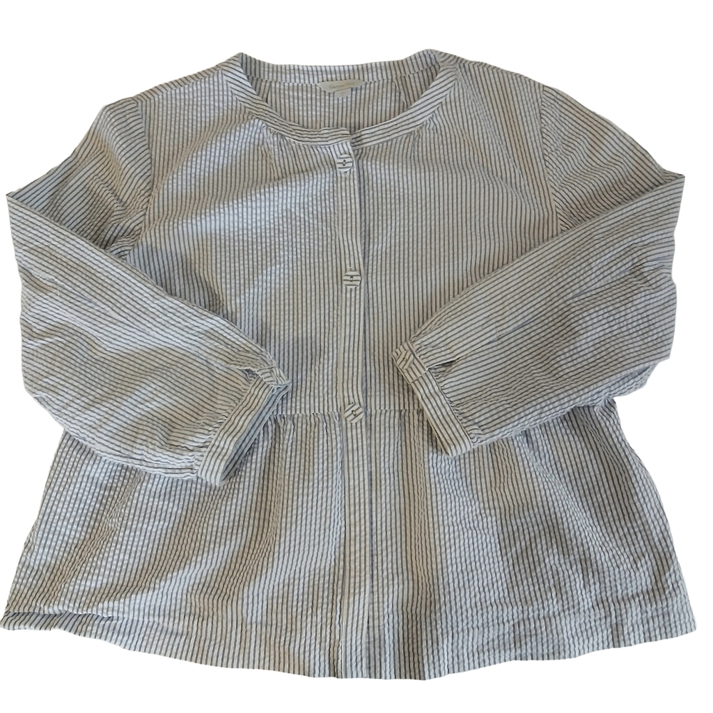 Garnet Hill Women's Size 18 Seersucker Blue and White Striped Button Blouse